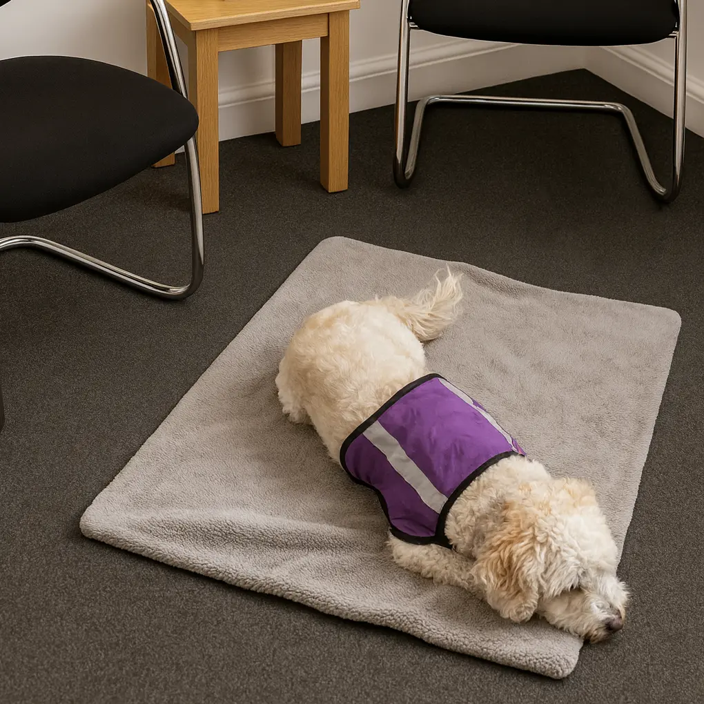 Therapy dog resting calmly in a counselling room during an animal assisted therapy session.